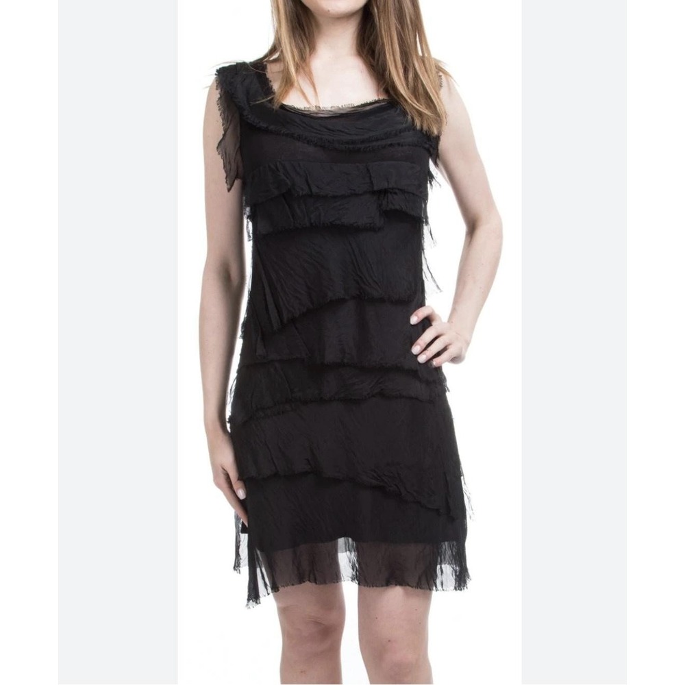 Silk Tiered Ruffle Dress Womens Small Black Little Black Cocktail Sheer Raw Edge
